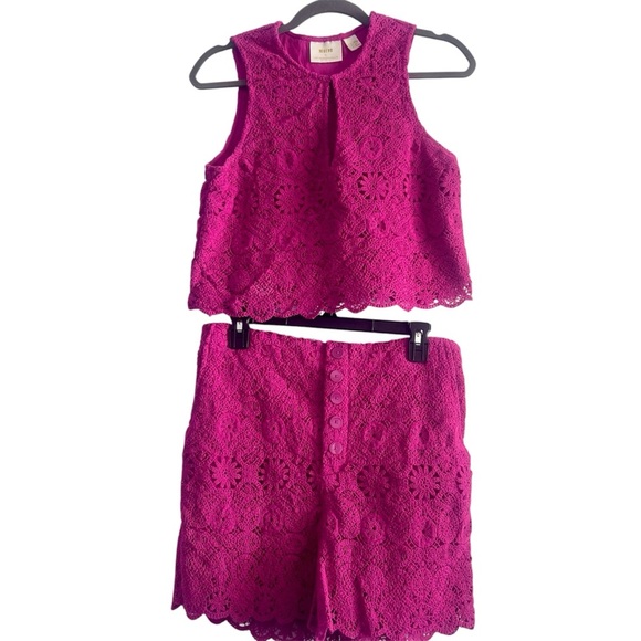 Anthropologie Maeve Solid Eyelet Crochet Top and Shorts Set Size 10 Fuchsia - Picture 6 of 16